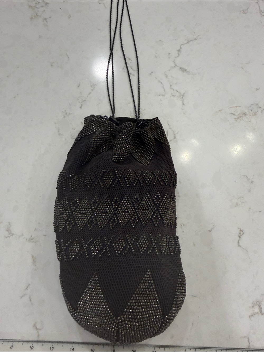 Vintage Black Beaded Drawstring Evening Bag